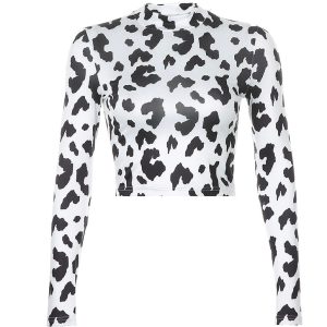 Cow Pattern LS Crop Top